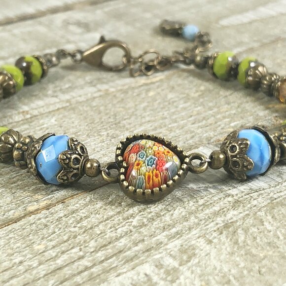 MillefioriHeart Cabochon in Bronze Bracelet with Czech Glass Beads - Picture 2 of 8